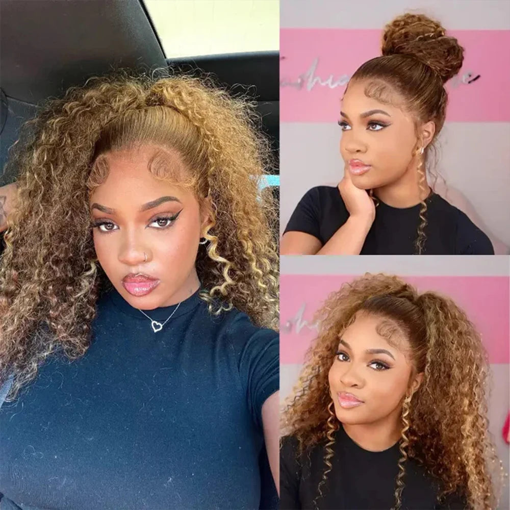 Highlight Invisi-Strap 360 Full Lace Wig Human Hair Pre Plucked  Deep Curly 250 Density Lace Wig Colored HD 360 Lace Frontal Wig