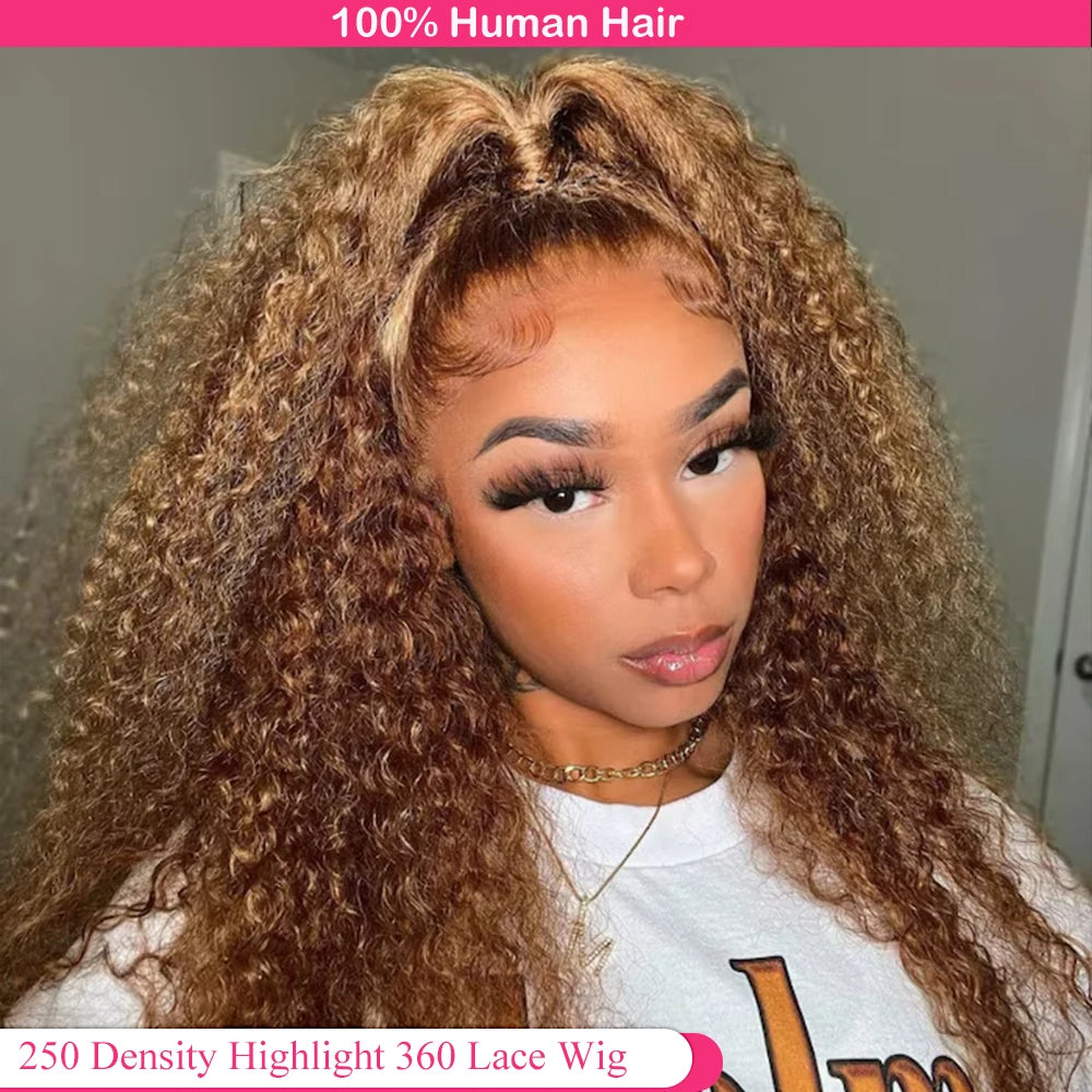 Highlight Invisi-Strap 360 Full Lace Wig Human Hair Pre Plucked  Deep Curly 250 Density Lace Wig Colored HD 360 Lace Frontal Wig