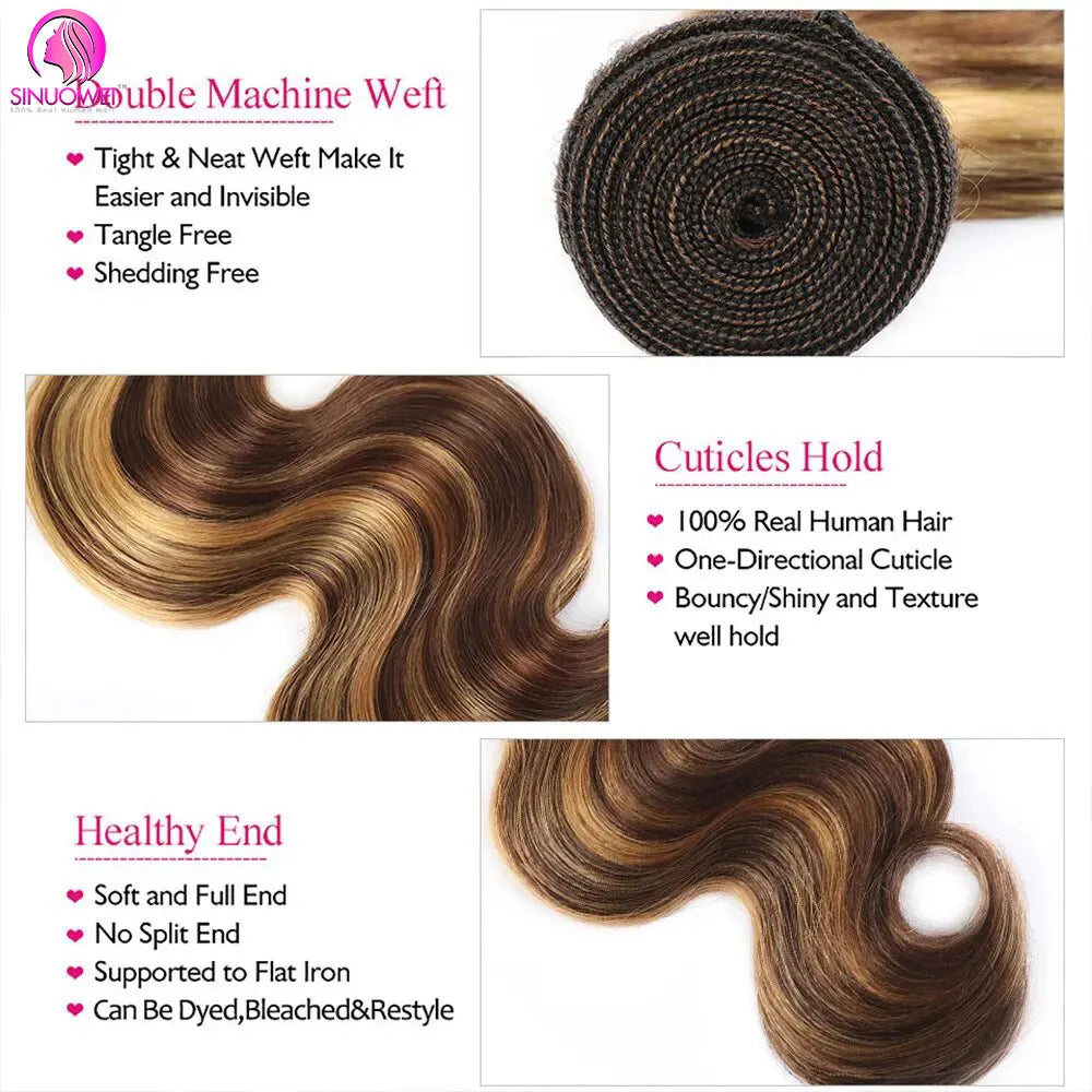 30 32 Inch Highlight Body Wave Bundle 100% Human Hair Bundle P4/27 Honey Brown Brazilian Hair Bundles 1 3 4 Remy Hair Bundle