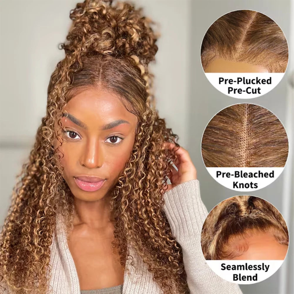 Highlight Invisi-Strap 360 Full Lace Wig Human Hair Pre Plucked  Deep Curly 250 Density Lace Wig Colored HD 360 Lace Frontal Wig