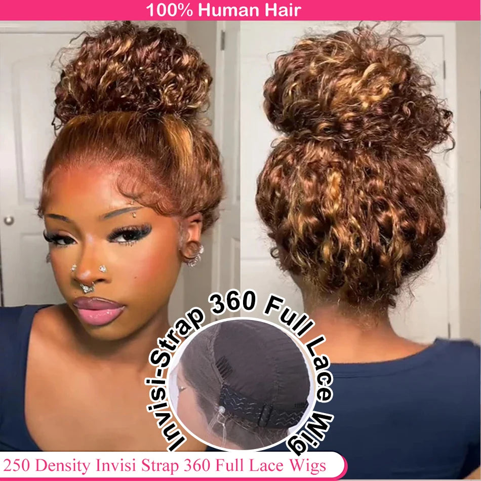 Highlight Invisi-Strap 360 Full Lace Wig Human Hair Pre Plucked  Deep Curly 250 Density Lace Wig Colored HD 360 Lace Frontal Wig