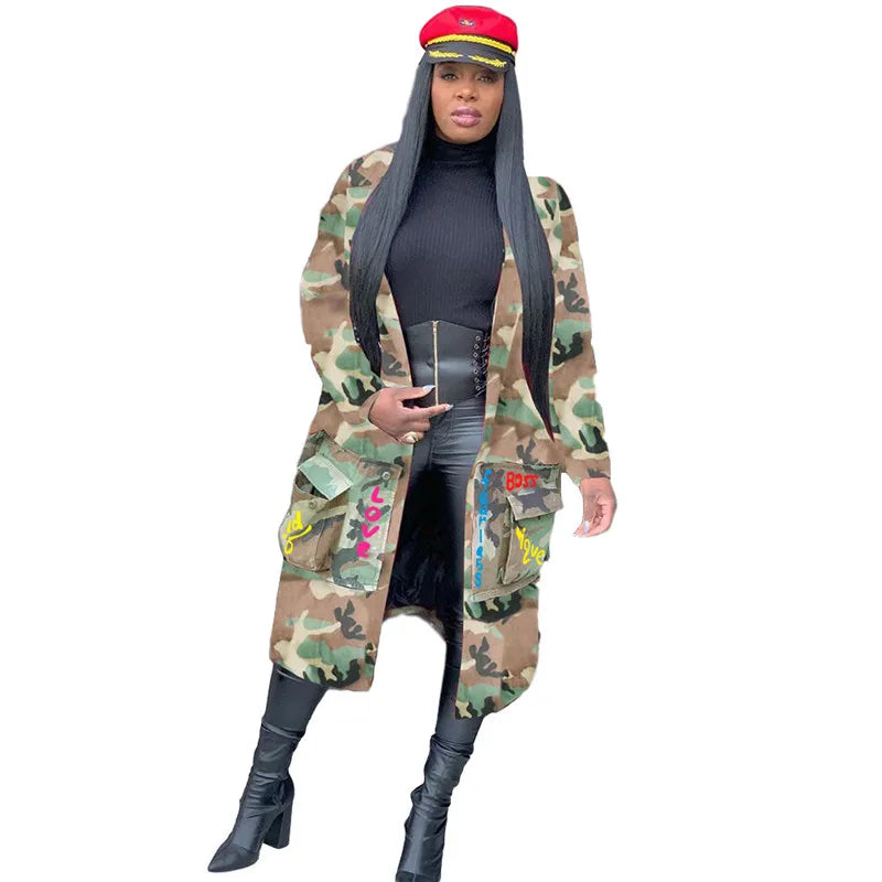 Camouflage Trench Jacket Women 2020 Plus Size Clothing Letter Print Coat Streetwear Long Style Crop Top Wholesale Dropshipping