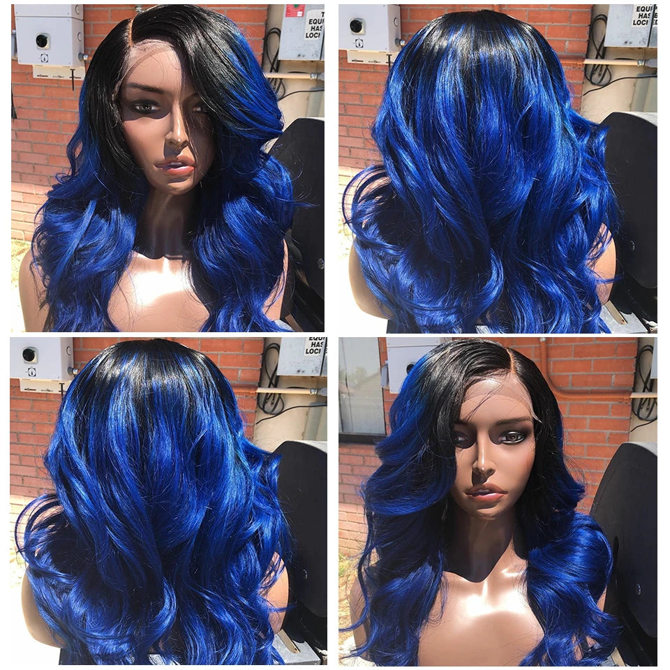 Sexay Blue Body Wave 4 Bundles Deal 10A Peruvian Remy Human Hair Weaving 3 Pcs Dark Roots Ombre 1B Black Blue Wavy Human Hair