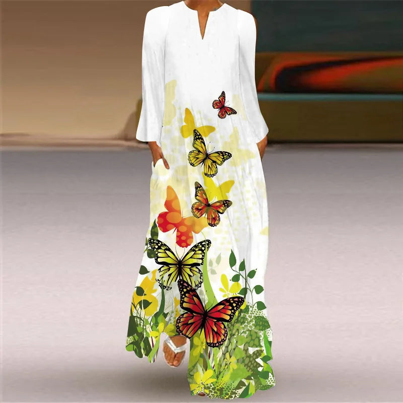 Elegant Long Dress for Women with Butterfly Printing V-neck Maxi Dress from 2023 Spring Vintage Style