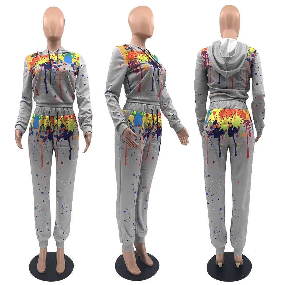 Splash-ink Print Sweat Suits Women Set Hoodies Sweatshirt and Sweatpants Set Two Piece Set Tracksuit Female Matching Set Outfits