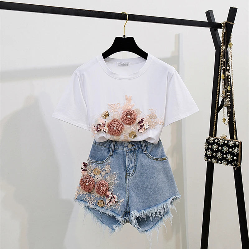 Fashion Cotton T-Shirt Tops + Short Jeans 2 Pieces Sets 2024 New Summer Women's Denim Pants Outfits 3D Flowers Beading Suits