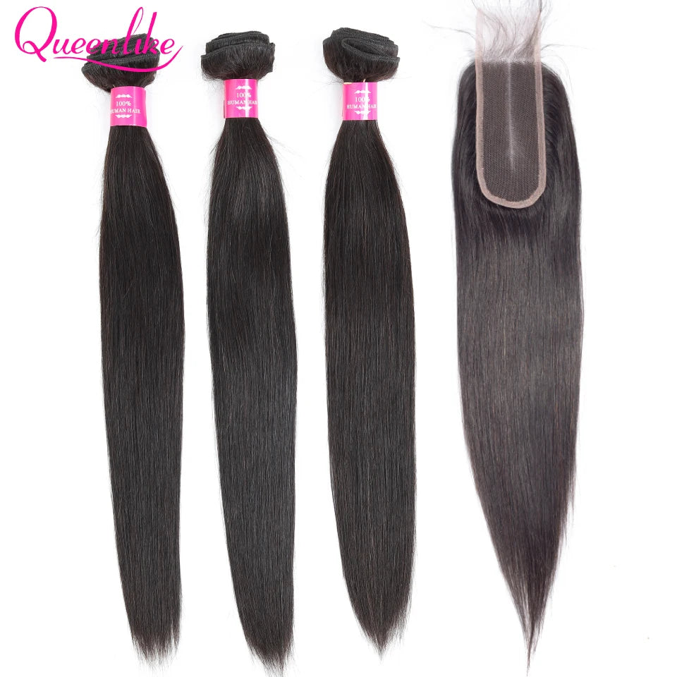 Queenlike Straight Human Hair Bundles with Closures Brazilian Raw Hair Weave Bundles With 2x6 Deep Kim Closure And Bundles