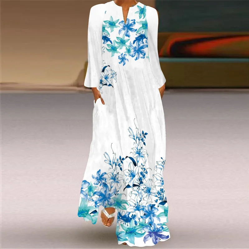 Elegant Long Dress for Women with Butterfly Printing V-neck Maxi Dress from 2023 Spring Vintage Style