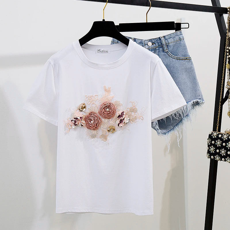 Fashion Cotton T-Shirt Tops + Short Jeans 2 Pieces Sets 2024 New Summer Women's Denim Pants Outfits 3D Flowers Beading Suits