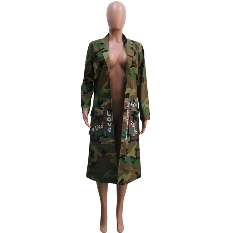 Camouflage Trench Jacket Women 2020 Plus Size Clothing Letter Print Coat Streetwear Long Style Crop Top Wholesale Dropshipping