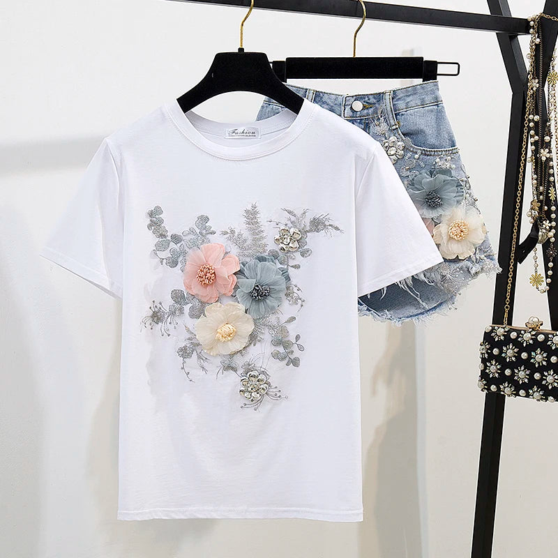 Fashion Cotton T-Shirt Tops + Short Jeans 2 Pieces Sets 2024 New Summer Women's Denim Pants Outfits 3D Flowers Beading Suits