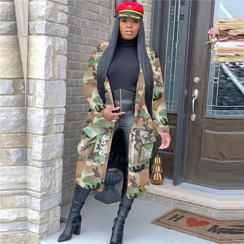 Camouflage Trench Jacket Women 2020 Plus Size Clothing Letter Print Coat Streetwear Long Style Crop Top Wholesale Dropshipping