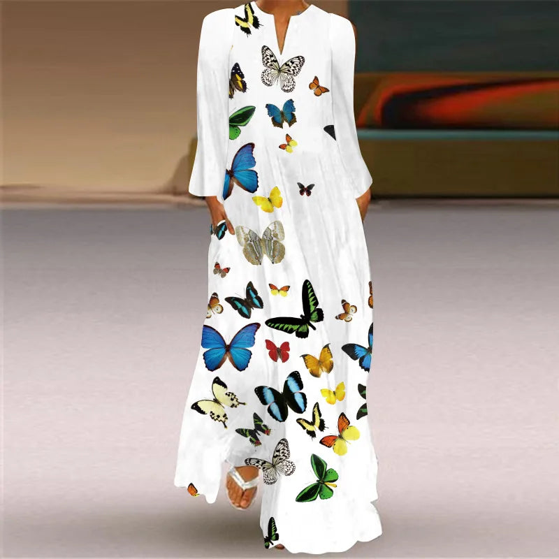 Elegant Long Dress for Women with Butterfly Printing V-neck Maxi Dress from 2023 Spring Vintage Style