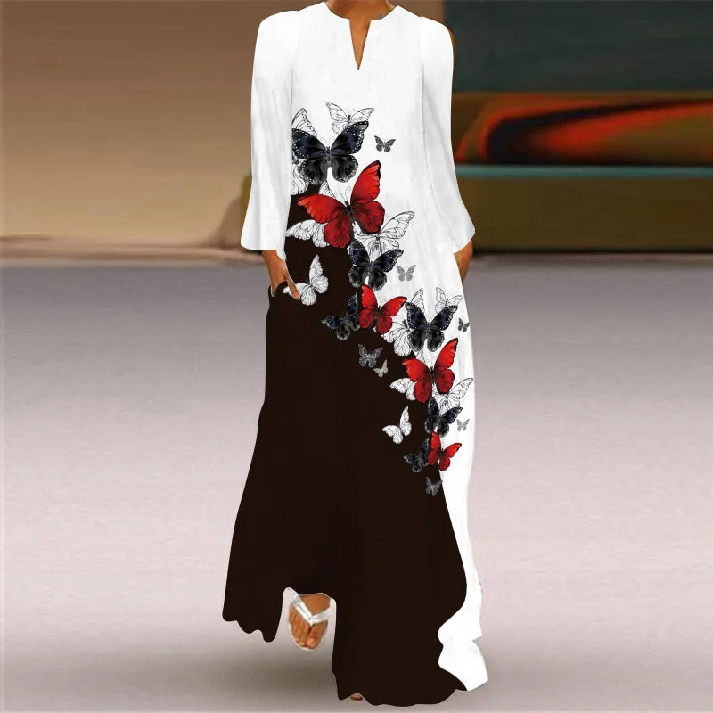 Elegant Long Dress for Women with Butterfly Printing V-neck Maxi Dress from 2023 Spring Vintage Style