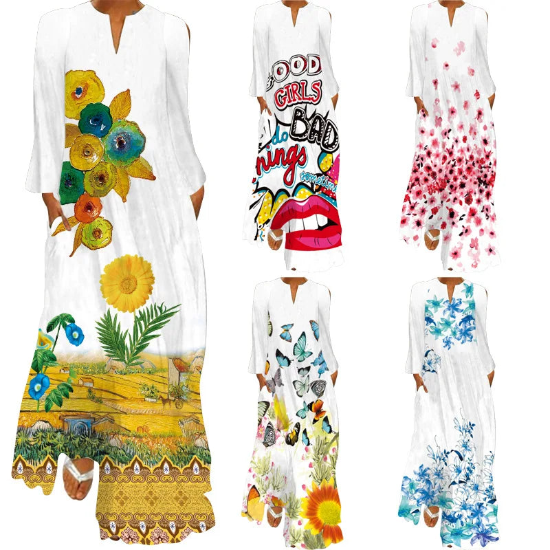 Elegant Long Dress for Women with Butterfly Printing V-neck Maxi Dress from 2023 Spring Vintage Style