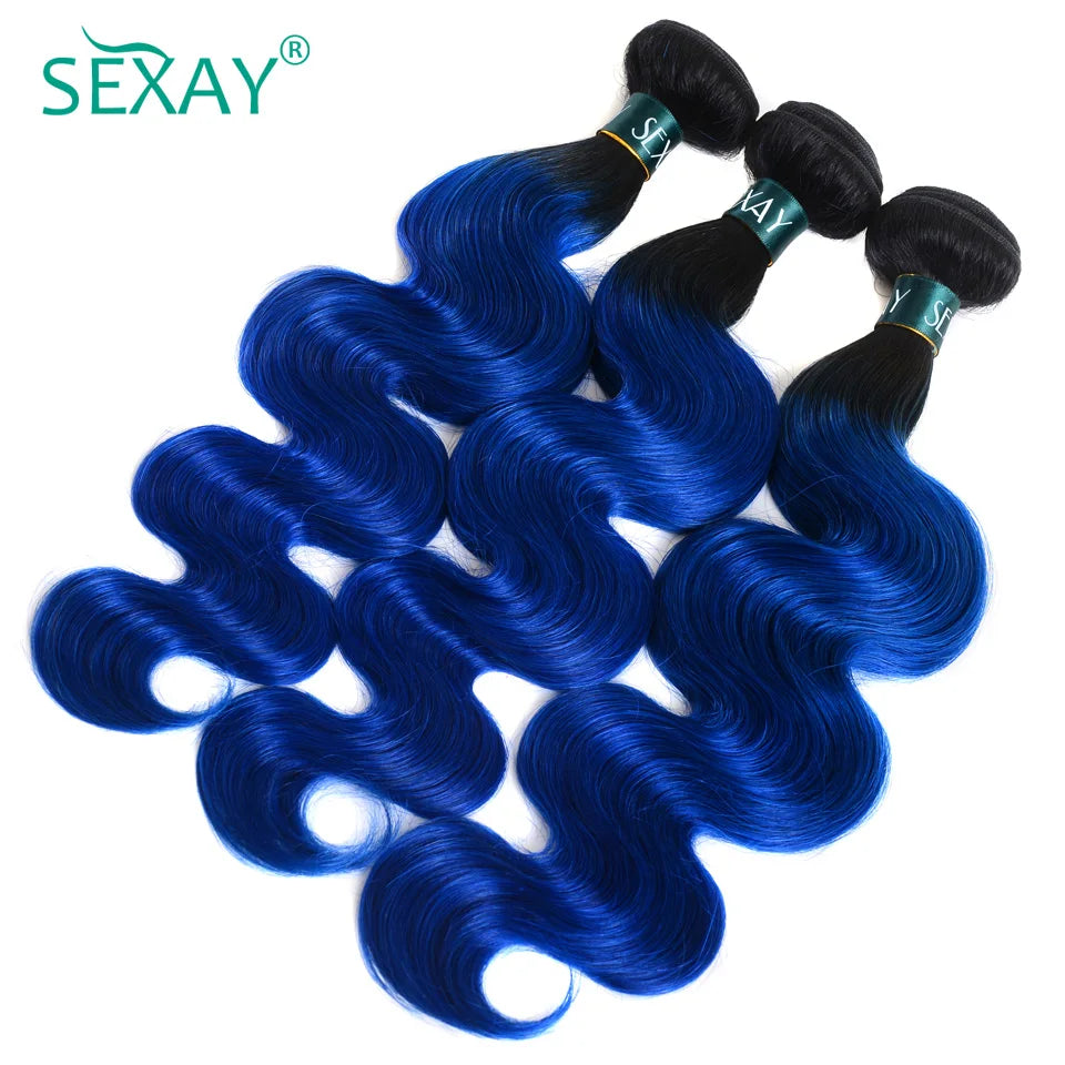 Sexay Blue Body Wave 4 Bundles Deal 10A Peruvian Remy Human Hair Weaving 3 Pcs Dark Roots Ombre 1B Black Blue Wavy Human Hair