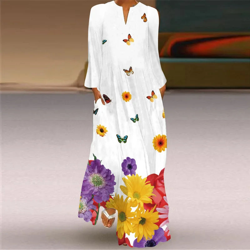 Elegant Long Dress for Women with Butterfly Printing V-neck Maxi Dress from 2023 Spring Vintage Style