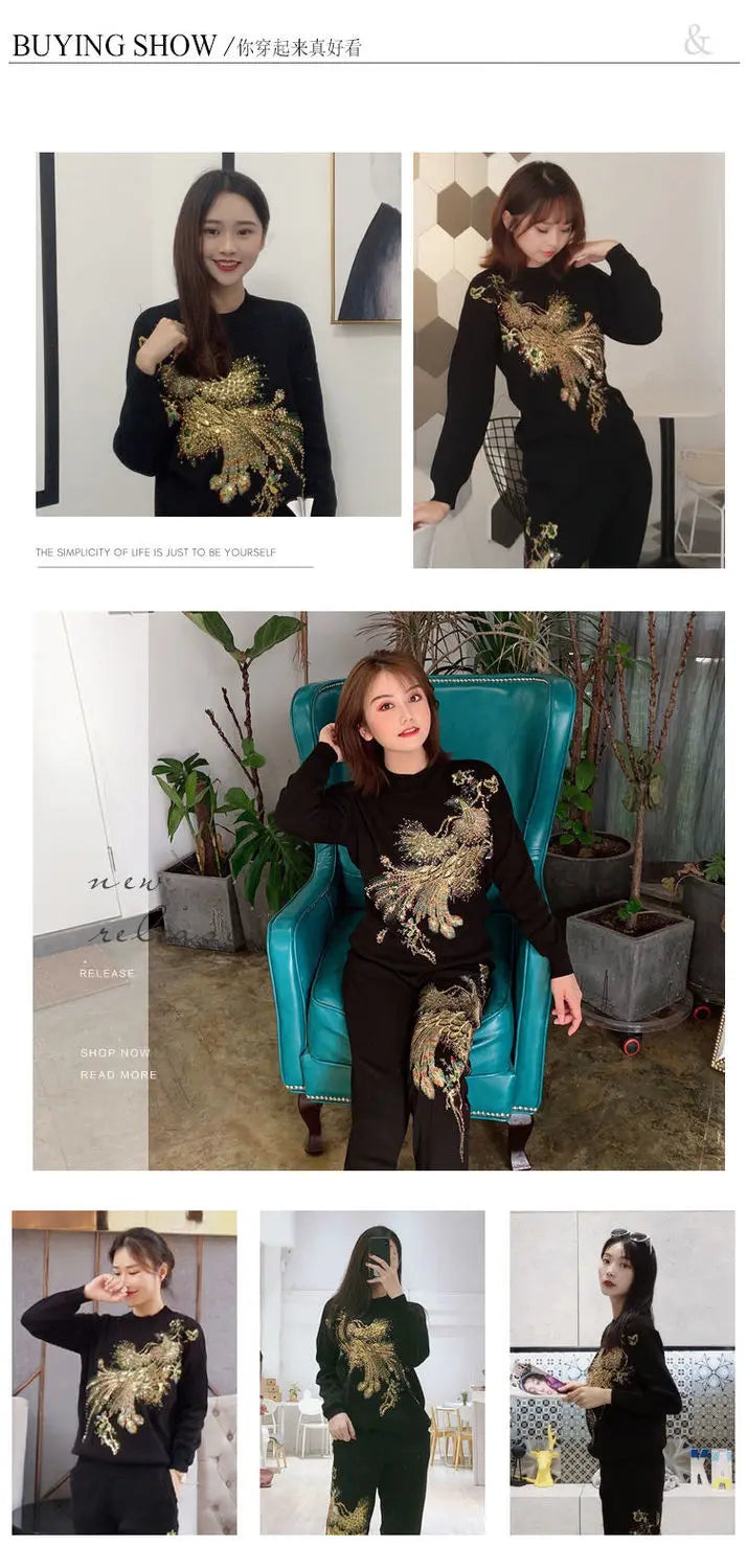 Autumn Winter Tracksuit Women Vintage Peacock Embroidery Beading Sweater + Pantsuits Golden Velvet Two Piece Set Plus Size 4xl