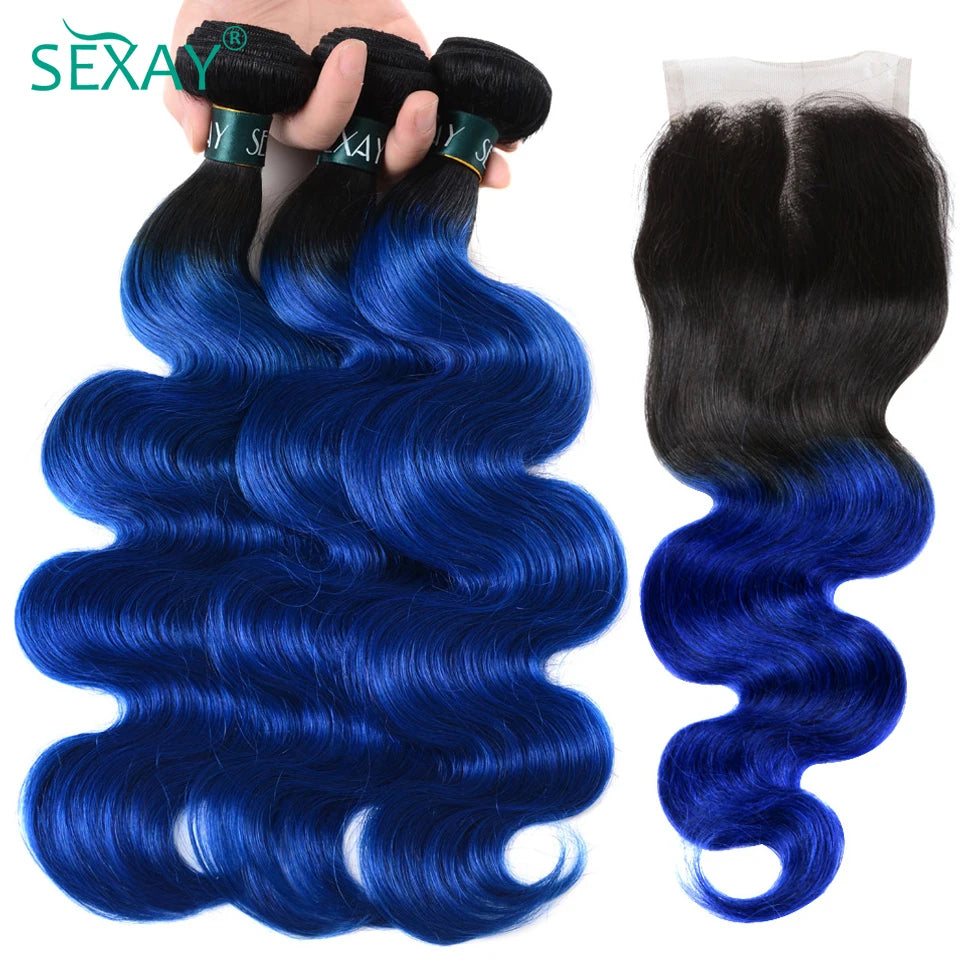 Sexay Blue Body Wave 4 Bundles Deal 10A Peruvian Remy Human Hair Weaving 3 Pcs Dark Roots Ombre 1B Black Blue Wavy Human Hair