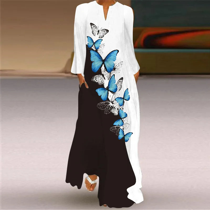 Elegant Long Dress for Women with Butterfly Printing V-neck Maxi Dress from 2023 Spring Vintage Style