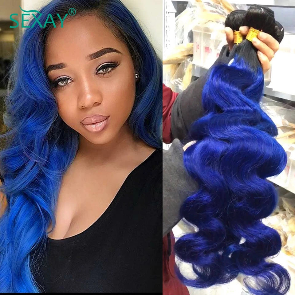 Sexay Blue Body Wave 4 Bundles Deal 10A Peruvian Remy Human Hair Weaving 3 Pcs Dark Roots Ombre 1B Black Blue Wavy Human Hair