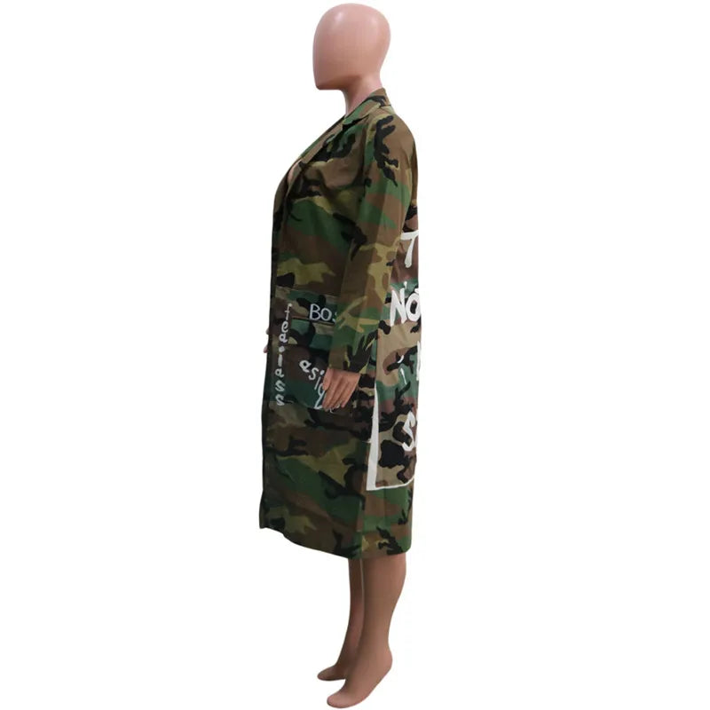 Camouflage Trench Jacket Women 2020 Plus Size Clothing Letter Print Coat Streetwear Long Style Crop Top Wholesale Dropshipping