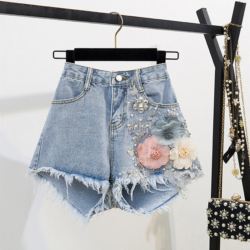 Fashion Cotton T-Shirt Tops + Short Jeans 2 Pieces Sets 2024 New Summer Women's Denim Pants Outfits 3D Flowers Beading Suits