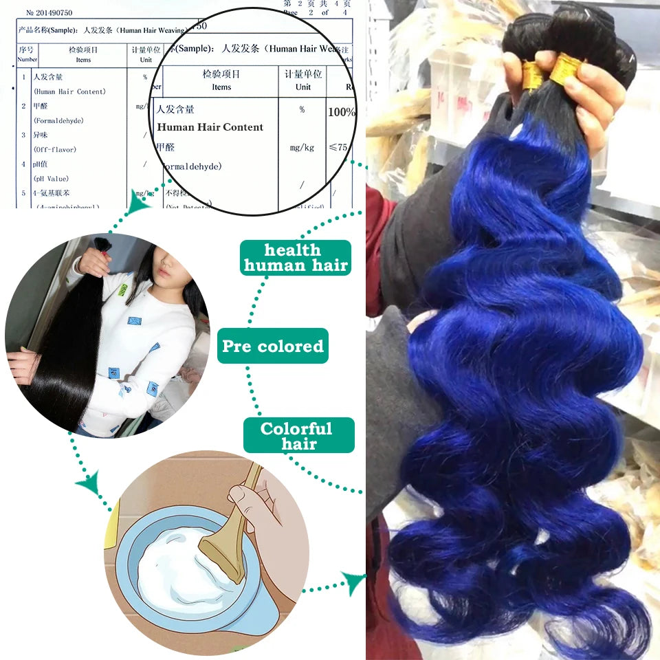 Sexay Blue Body Wave 4 Bundles Deal 10A Peruvian Remy Human Hair Weaving 3 Pcs Dark Roots Ombre 1B Black Blue Wavy Human Hair