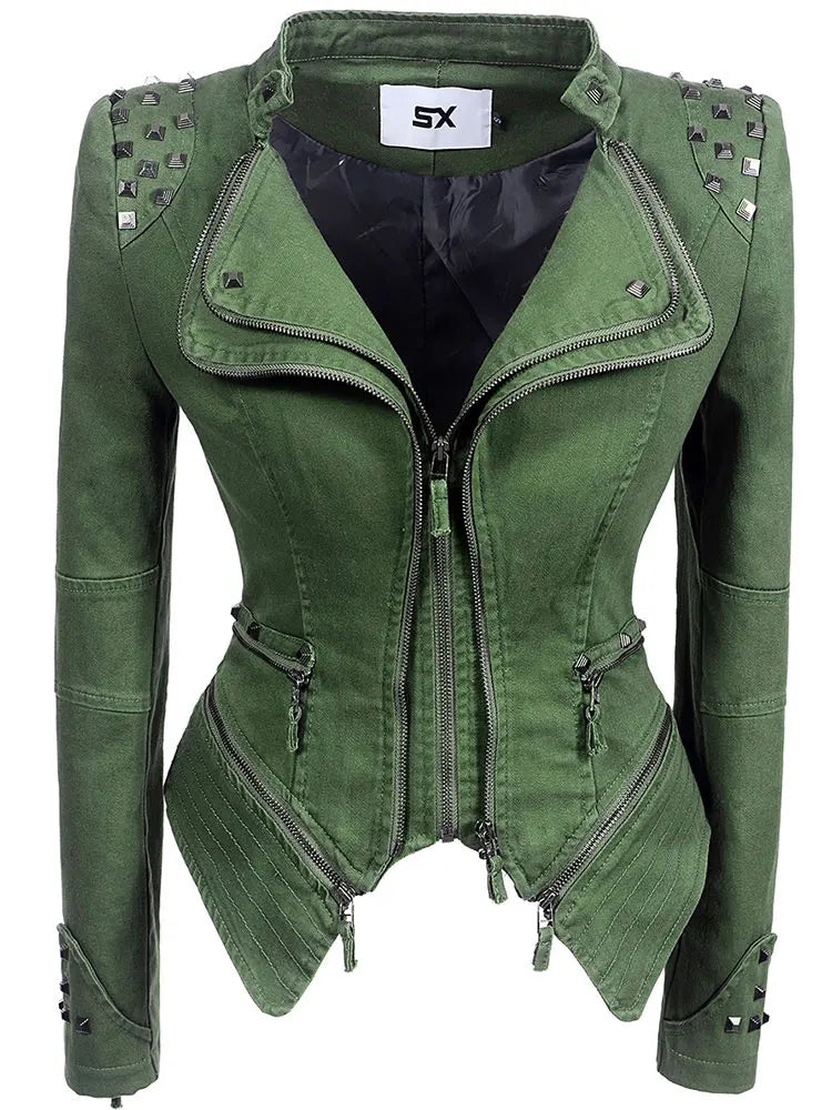 Sx motorcycle jacket rivet zipper denim jacket large size slim motorcycle dress women outdoor