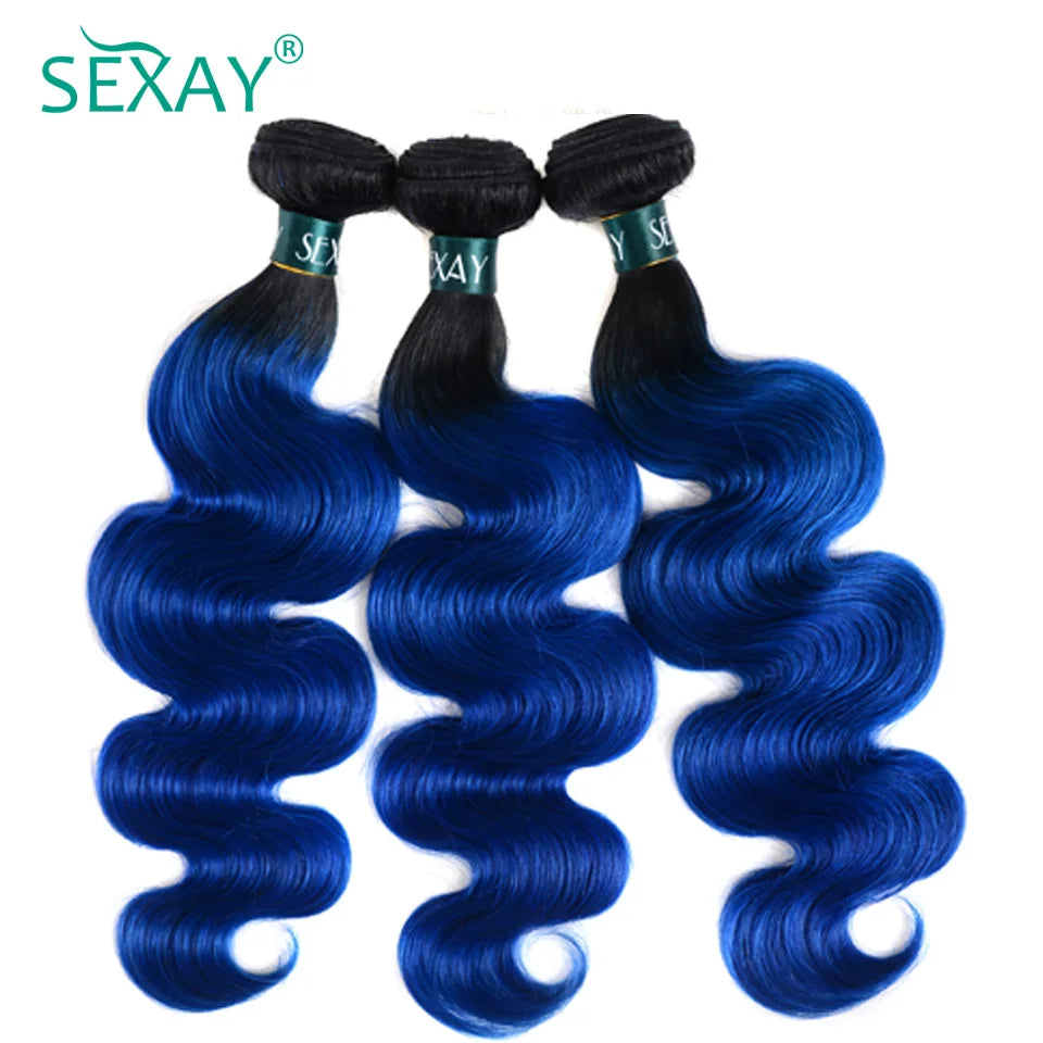 Sexay Blue Body Wave 4 Bundles Deal 10A Peruvian Remy Human Hair Weaving 3 Pcs Dark Roots Ombre 1B Black Blue Wavy Human Hair