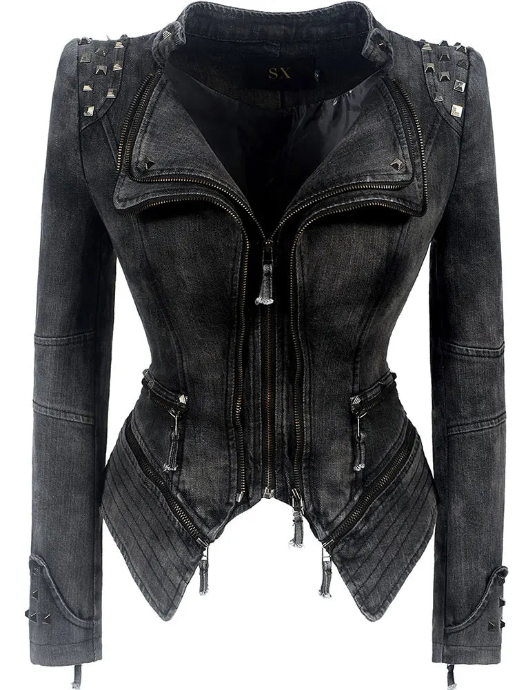 Sx motorcycle jacket rivet zipper denim jacket large size slim motorcycle dress women outdoor