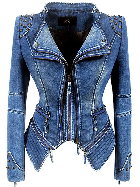 Sx motorcycle jacket rivet zipper denim jacket large size slim motorcycle dress women outdoor