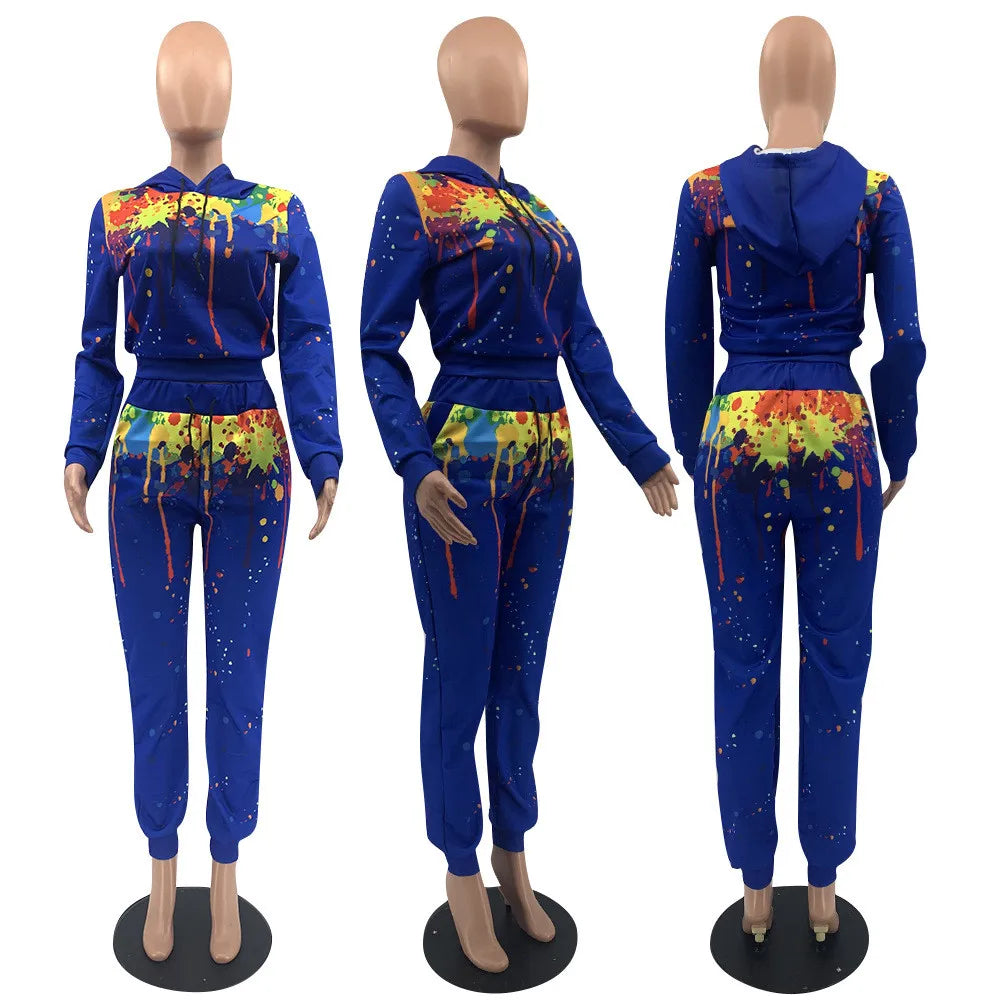 Splash-ink Print Sweat Suits Women Set Hoodies Sweatshirt and Sweatpants Set Two Piece Set Tracksuit Female Matching Set Outfits