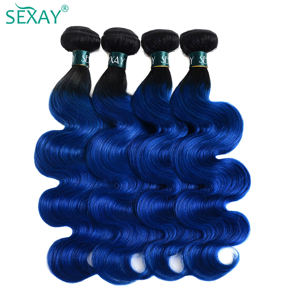 Sexay Blue Body Wave 4 Bundles Deal 10A Peruvian Remy Human Hair Weaving 3 Pcs Dark Roots Ombre 1B Black Blue Wavy Human Hair