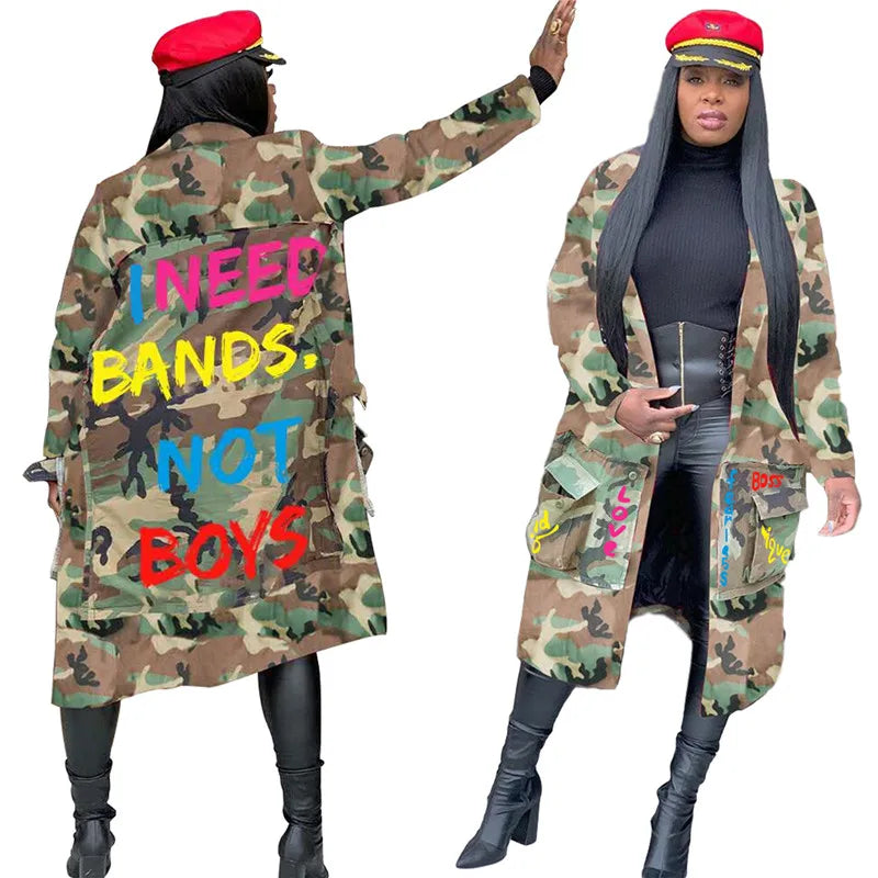 Camouflage Trench Jacket Women 2020 Plus Size Clothing Letter Print Coat Streetwear Long Style Crop Top Wholesale Dropshipping