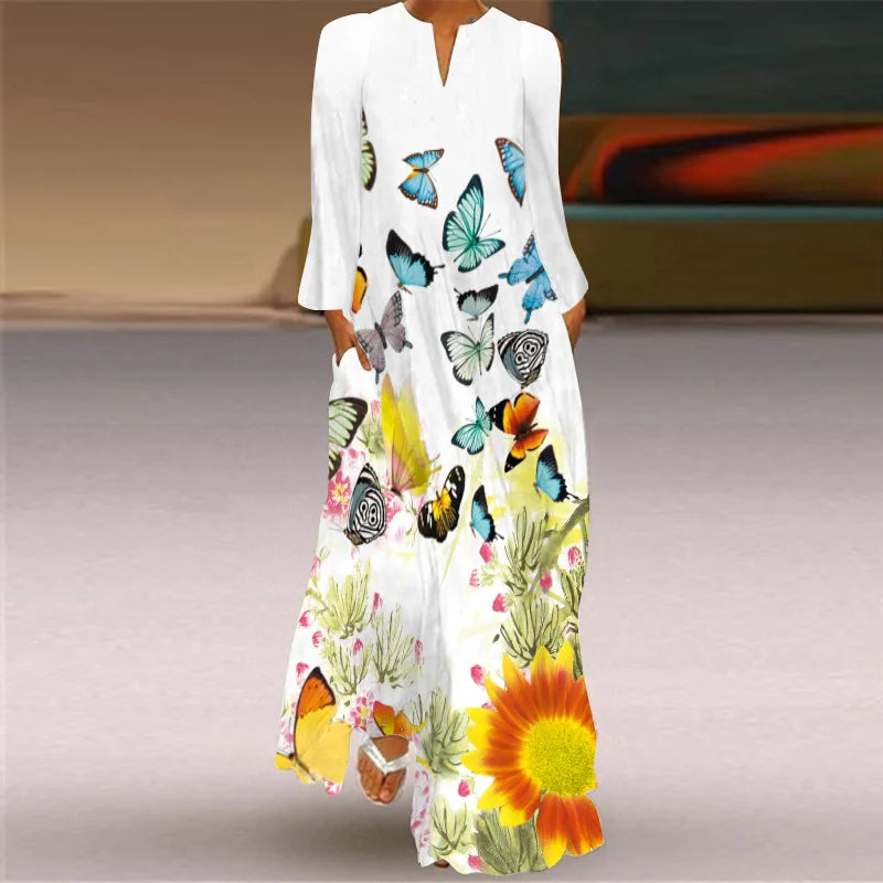 Elegant Long Dress for Women with Butterfly Printing V-neck Maxi Dress from 2023 Spring Vintage Style