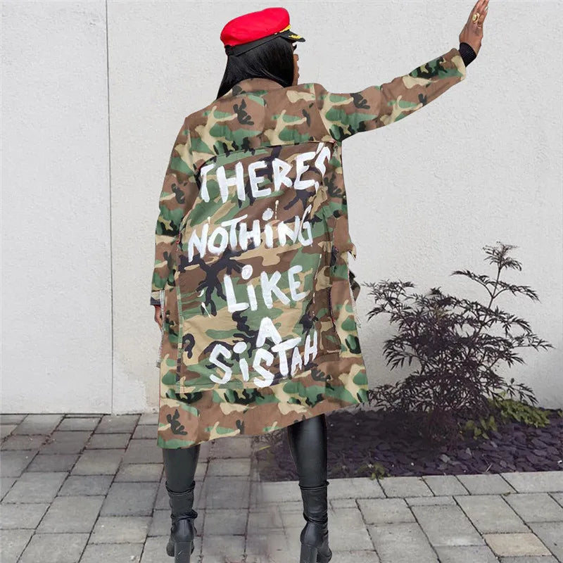 Camouflage Trench Jacket Women 2020 Plus Size Clothing Letter Print Coat Streetwear Long Style Crop Top Wholesale Dropshipping