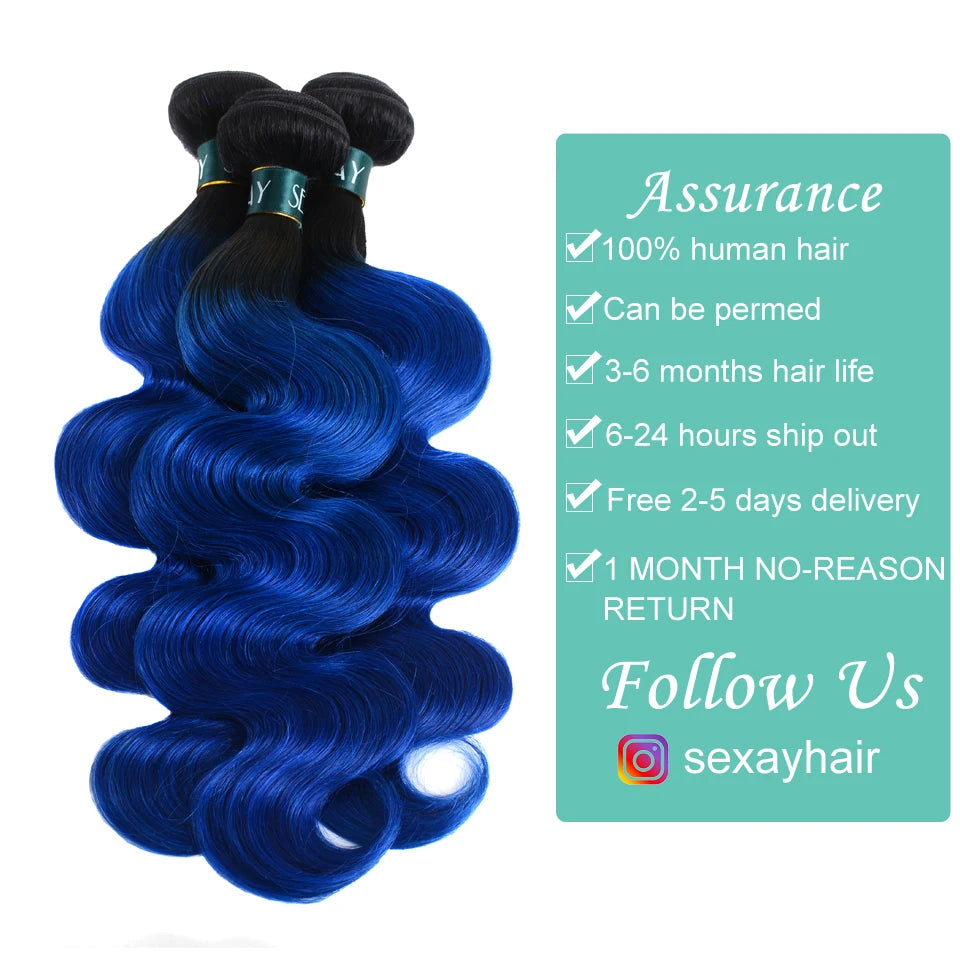 Sexay Blue Body Wave 4 Bundles Deal 10A Peruvian Remy Human Hair Weaving 3 Pcs Dark Roots Ombre 1B Black Blue Wavy Human Hair