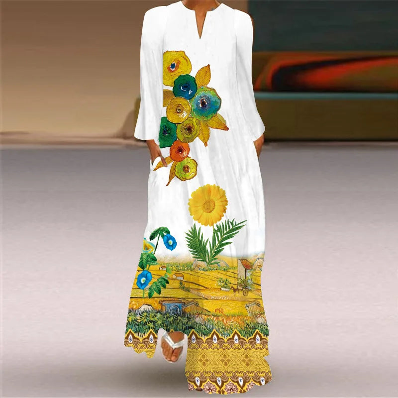 Elegant Long Dress for Women with Butterfly Printing V-neck Maxi Dress from 2023 Spring Vintage Style