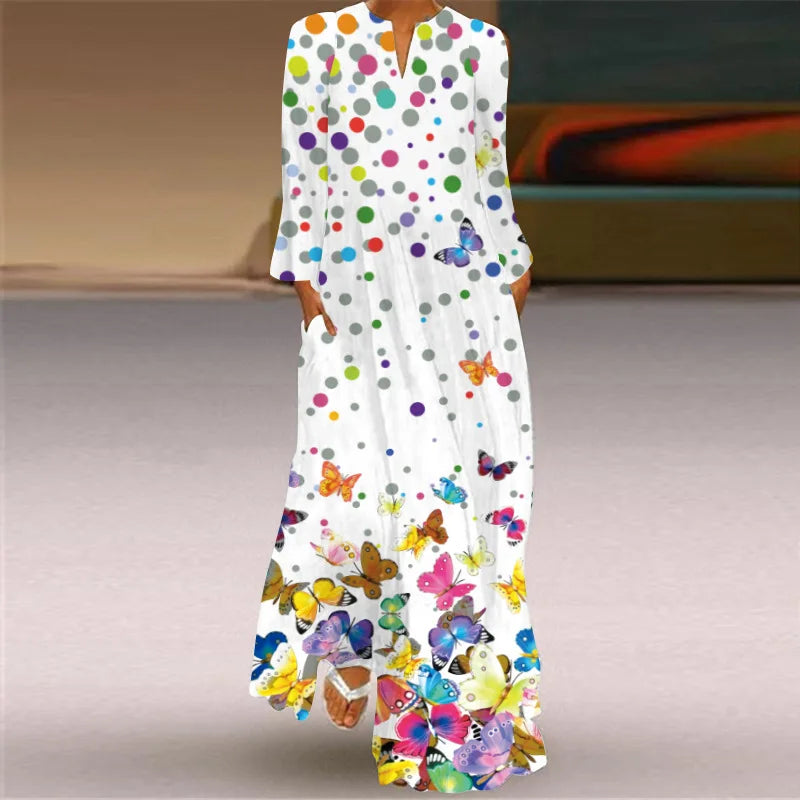 Elegant Long Dress for Women with Butterfly Printing V-neck Maxi Dress from 2023 Spring Vintage Style