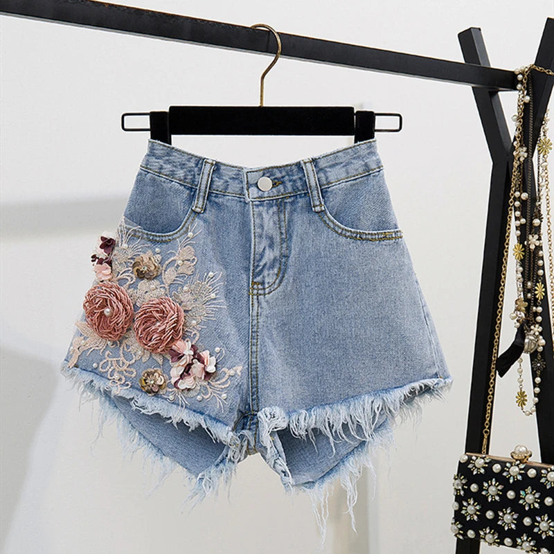 Fashion Cotton T-Shirt Tops + Short Jeans 2 Pieces Sets 2024 New Summer Women's Denim Pants Outfits 3D Flowers Beading Suits