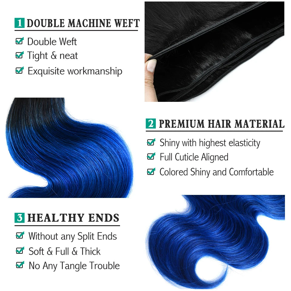 Sexay Blue Body Wave 4 Bundles Deal 10A Peruvian Remy Human Hair Weaving 3 Pcs Dark Roots Ombre 1B Black Blue Wavy Human Hair