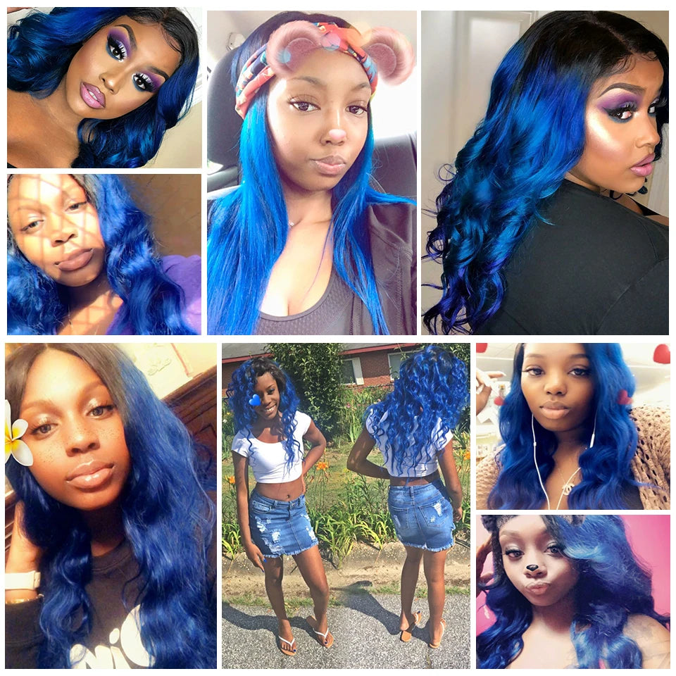 Sexay Blue Body Wave 4 Bundles Deal 10A Peruvian Remy Human Hair Weaving 3 Pcs Dark Roots Ombre 1B Black Blue Wavy Human Hair