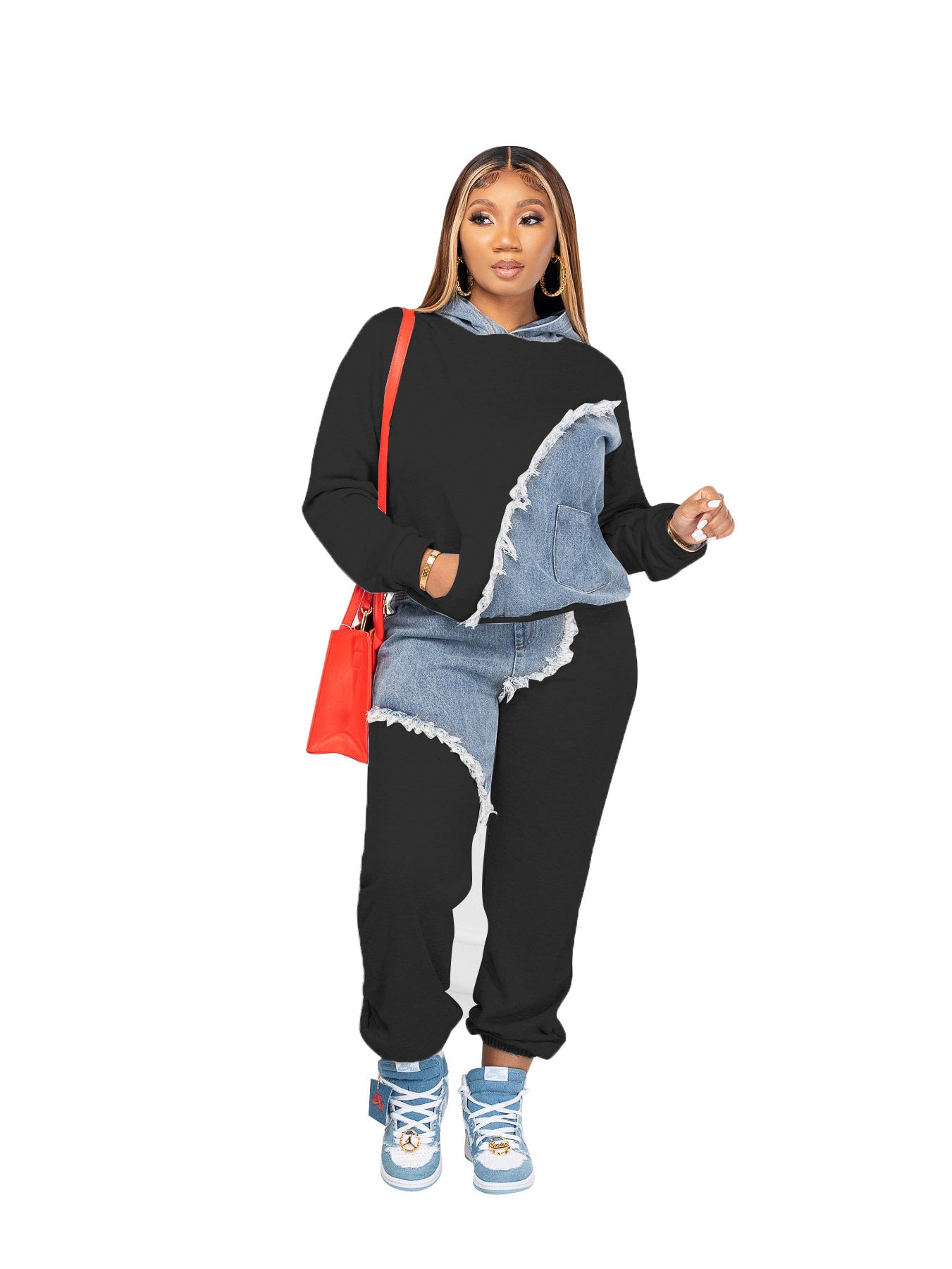 Women Two Piece Sets Tracksuit Autumn Jeans Splicing Hooded Top Sweatshirts Pocket Jogger Pants Suit Loose Female Office Lady