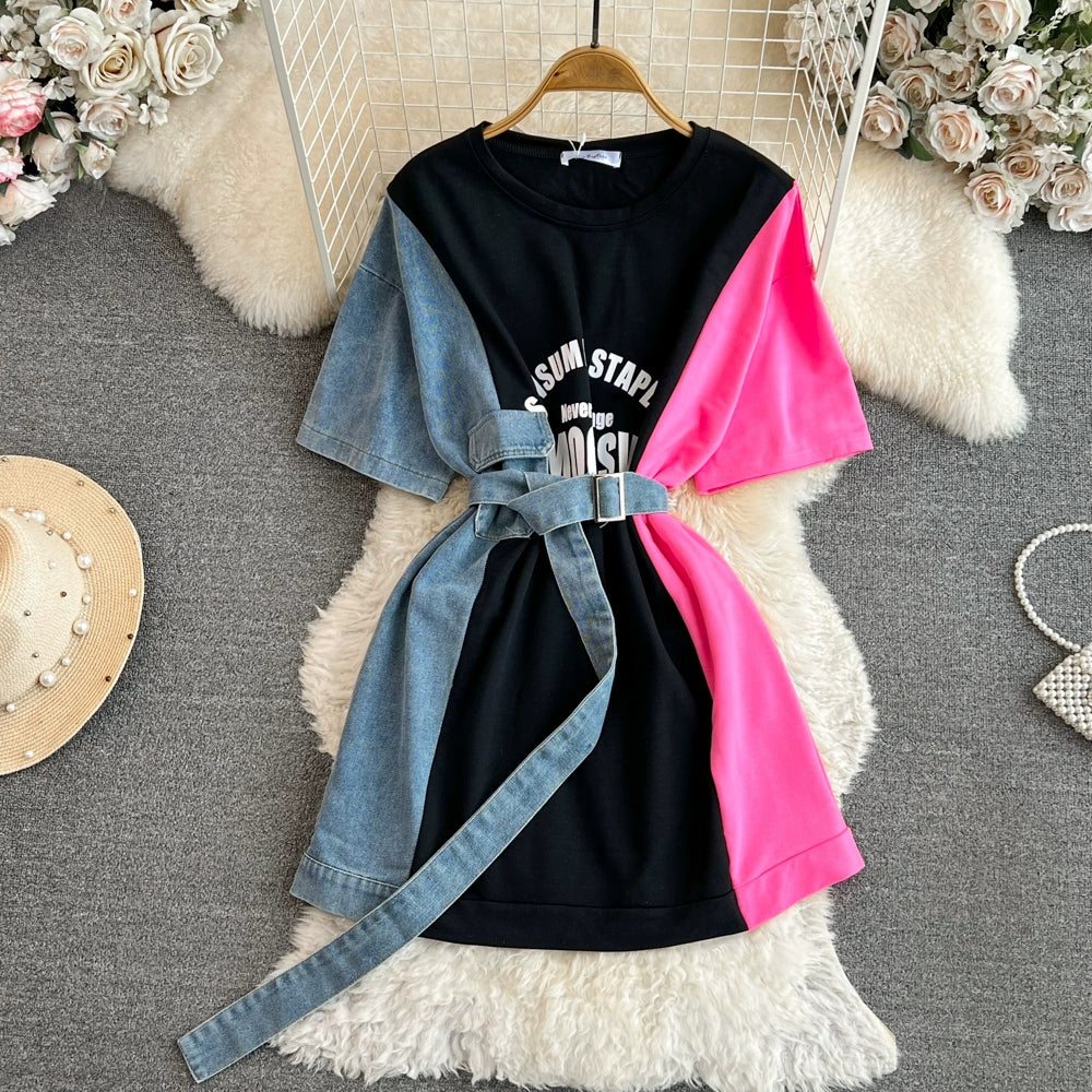 Elegant Summer Women Patchwork Denim Shirts Vintage Casual Slim Blouses Tops with Belted Female Fashion Pullover Clothes New