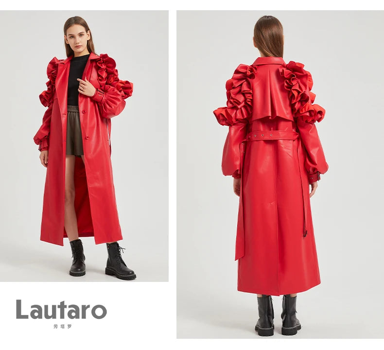 Lautaro Spring Autumn Long Ruffled Soft Pu Leather Trench Coat for Women Belt Elegant Luxury Designer Clothes Runway Fashion