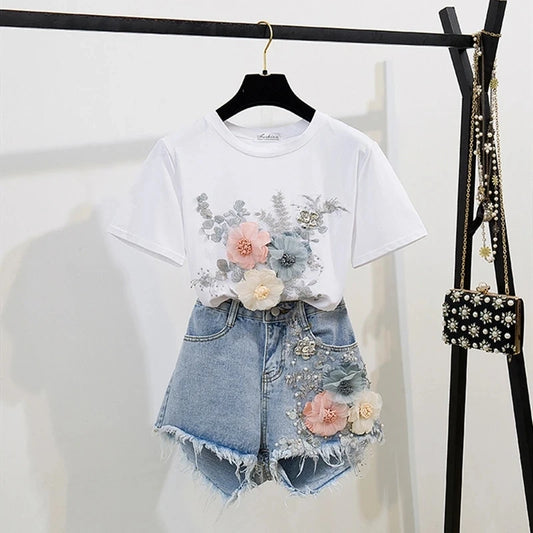 Fashion Cotton T-Shirt Tops + Short Jeans 2 Pieces Sets 2024 New Summer Women's Denim Pants Outfits 3D Flowers Beading Suits