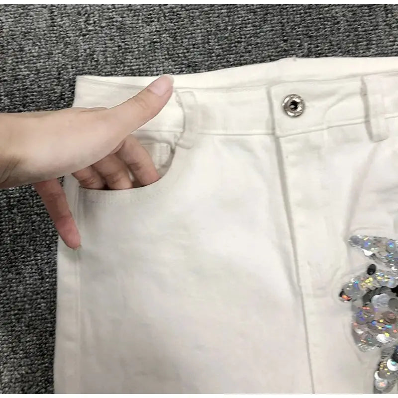 White Sequin Phoenix flower Denim Pants For women's 2025 New Korean Slim Elastic Pencil Skinny Jeans Female Ankle length Pants