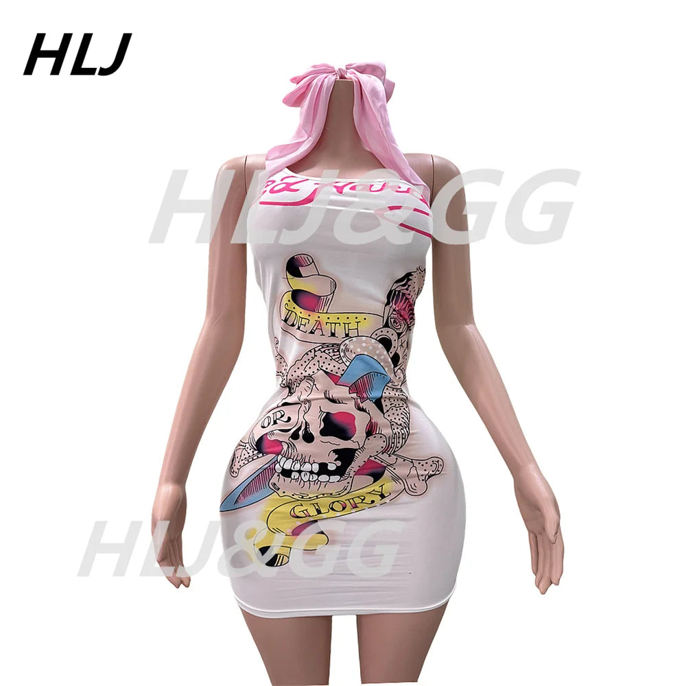 HLJ Y2K Pattern Printing Bodycon One Piece Spaghetti Strap Mini Dresses Women Sleeveless Backless Slim Vestidos Sexy Streetwear