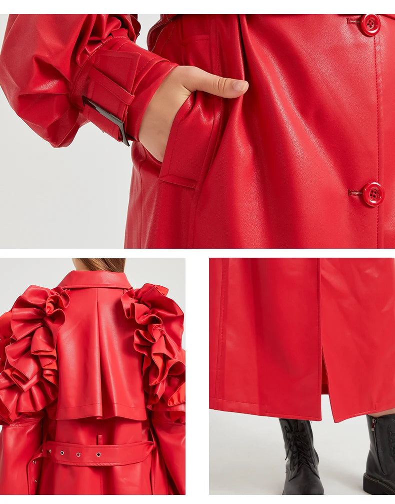 Lautaro Spring Autumn Long Ruffled Soft Pu Leather Trench Coat for Women Belt Elegant Luxury Designer Clothes Runway Fashion